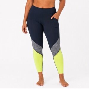 Xersion Womens 1X Quick-Dri 7/8 Ankle Leggings Navy Blue Neon Yellow Colorblock